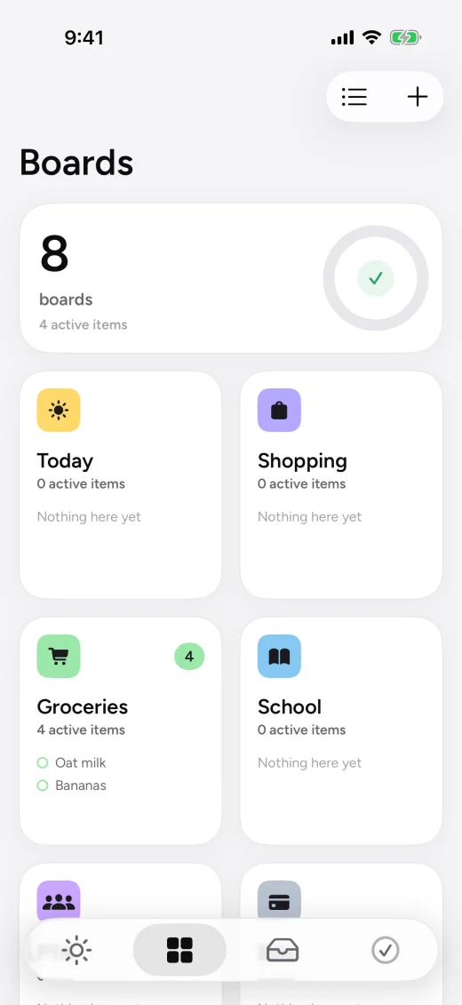 Later Boards screen with colorful boards for Today, Shopping, Groceries, and School