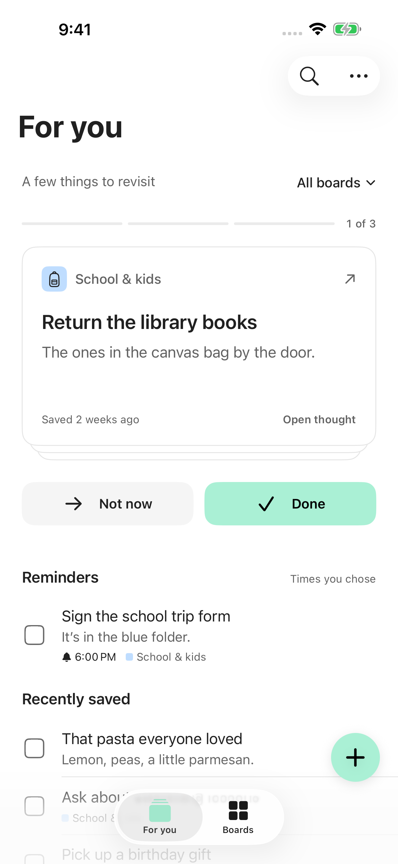 Later’s For you screen with a three-thought check-in and optional reminders. Light appearance.