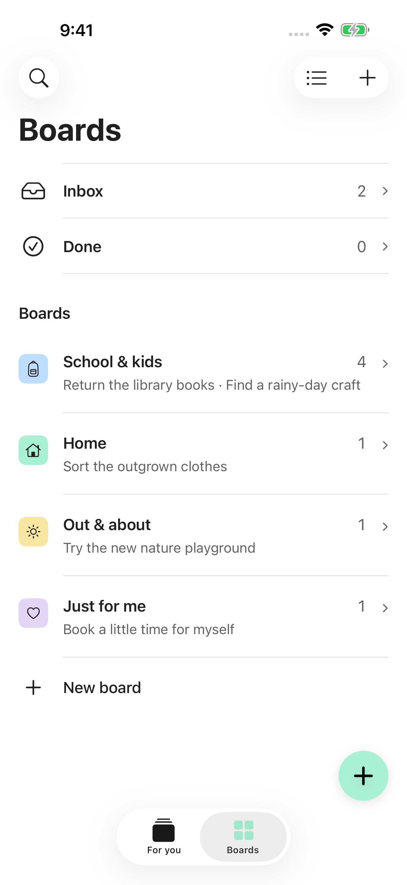 Later Boards, with separate boards for School and kids, Home and errands, and Just for me. Light appearance.